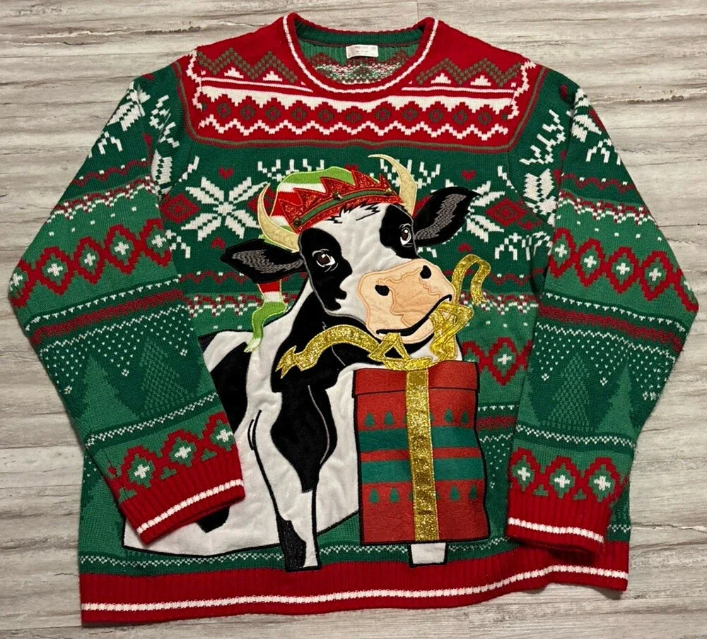 Holiday Time Men's 2XL Fair Isle Christmas Cow Crew Neck Pullover Sweater